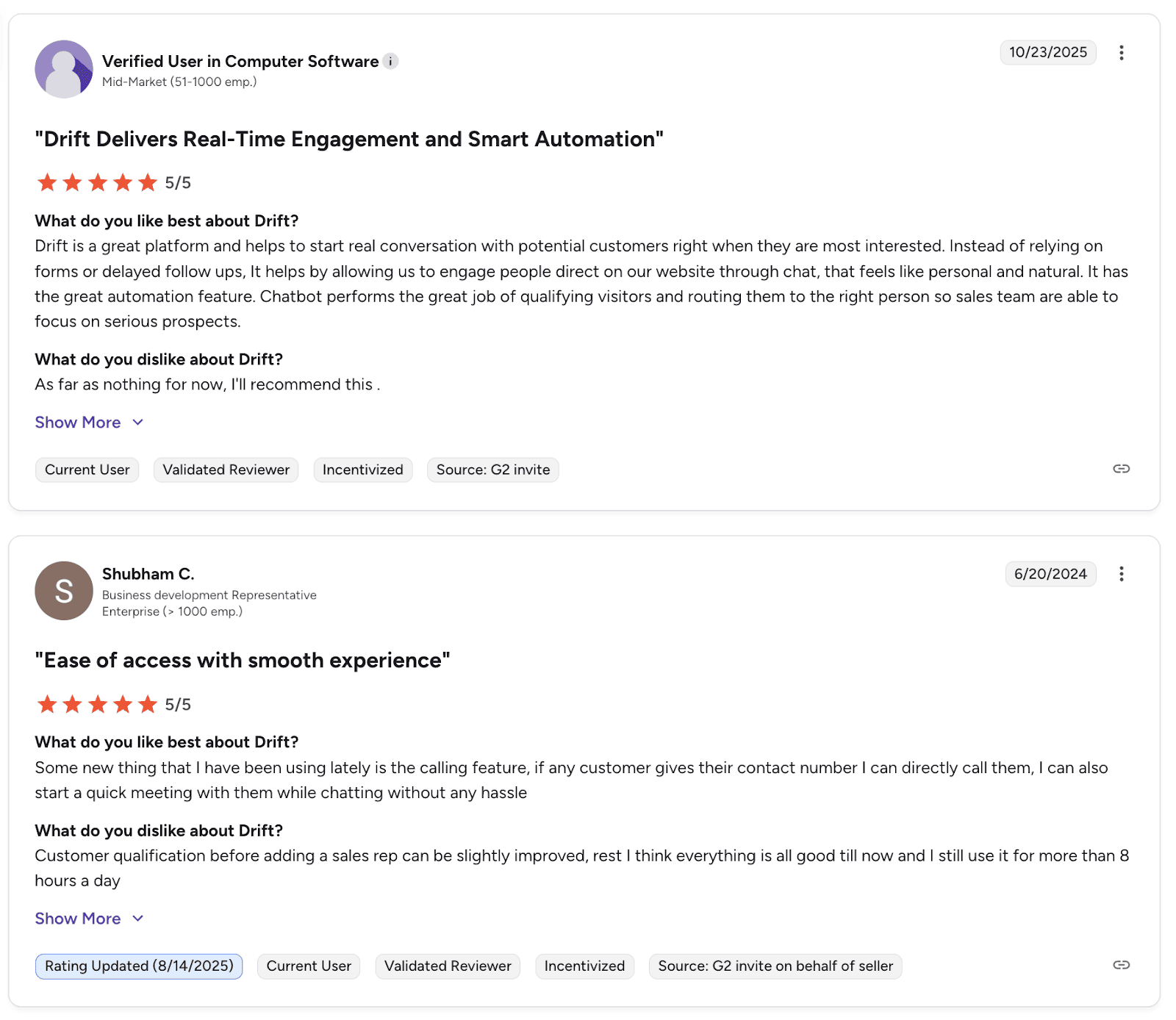 A G2 reviews page displays two 5/5 star customer testimonials for Drift, with one user praising how Drift Delivers Real-Time Engagement and Smart Automation for qualifying visitors, and the other highlighting the Ease of access with smooth experience, specifically mentioning the calling feature.