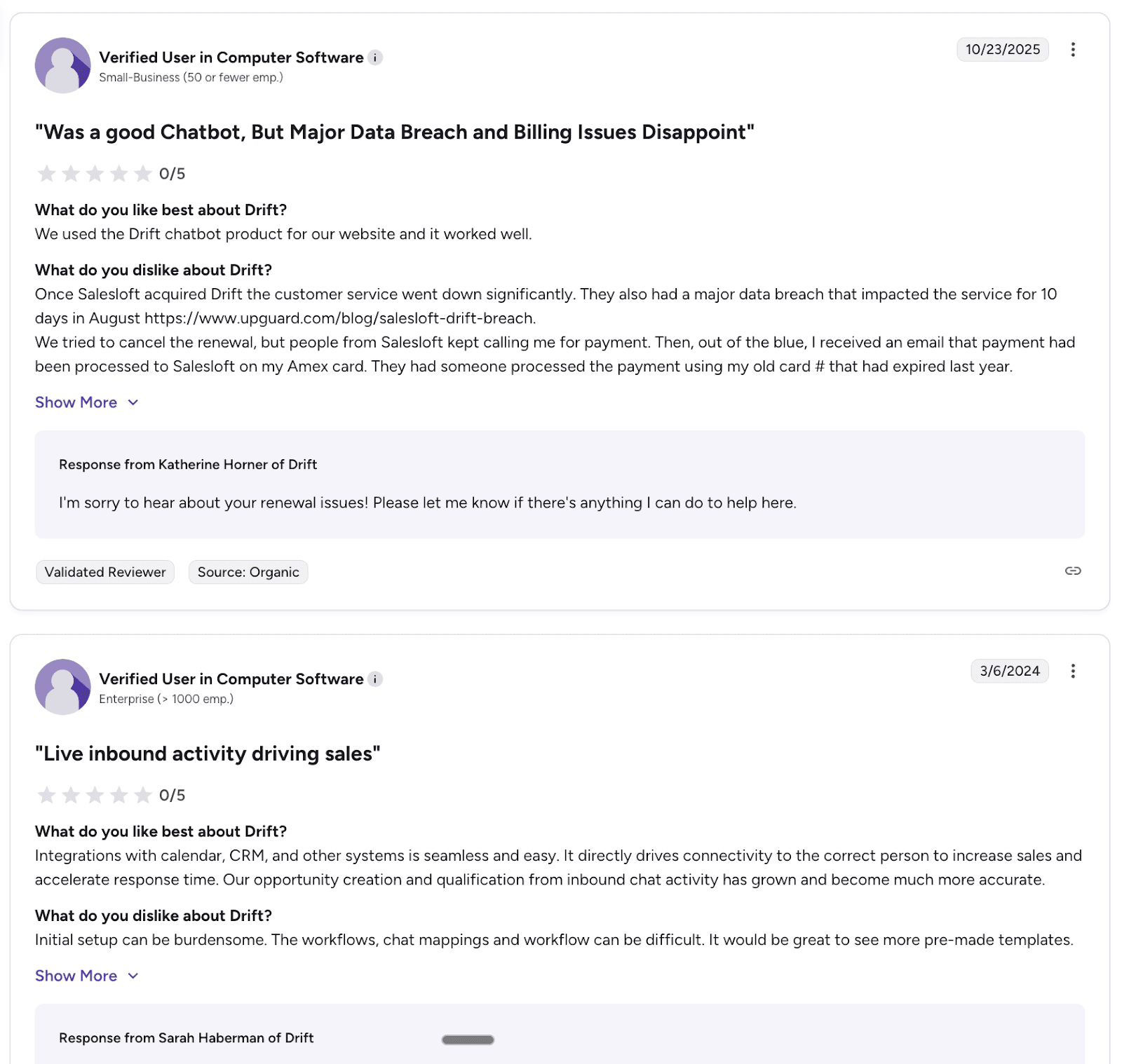 A G2 reviews page displays two 0/5 star customer testimonials for Drift, with one user complaining about a Major Data Breach and Billing Issues after the Salesloft acquisition, and the other detailing issues with complex initial setup and qualifications, but noting the tool is still driving inbound activity driving sales.