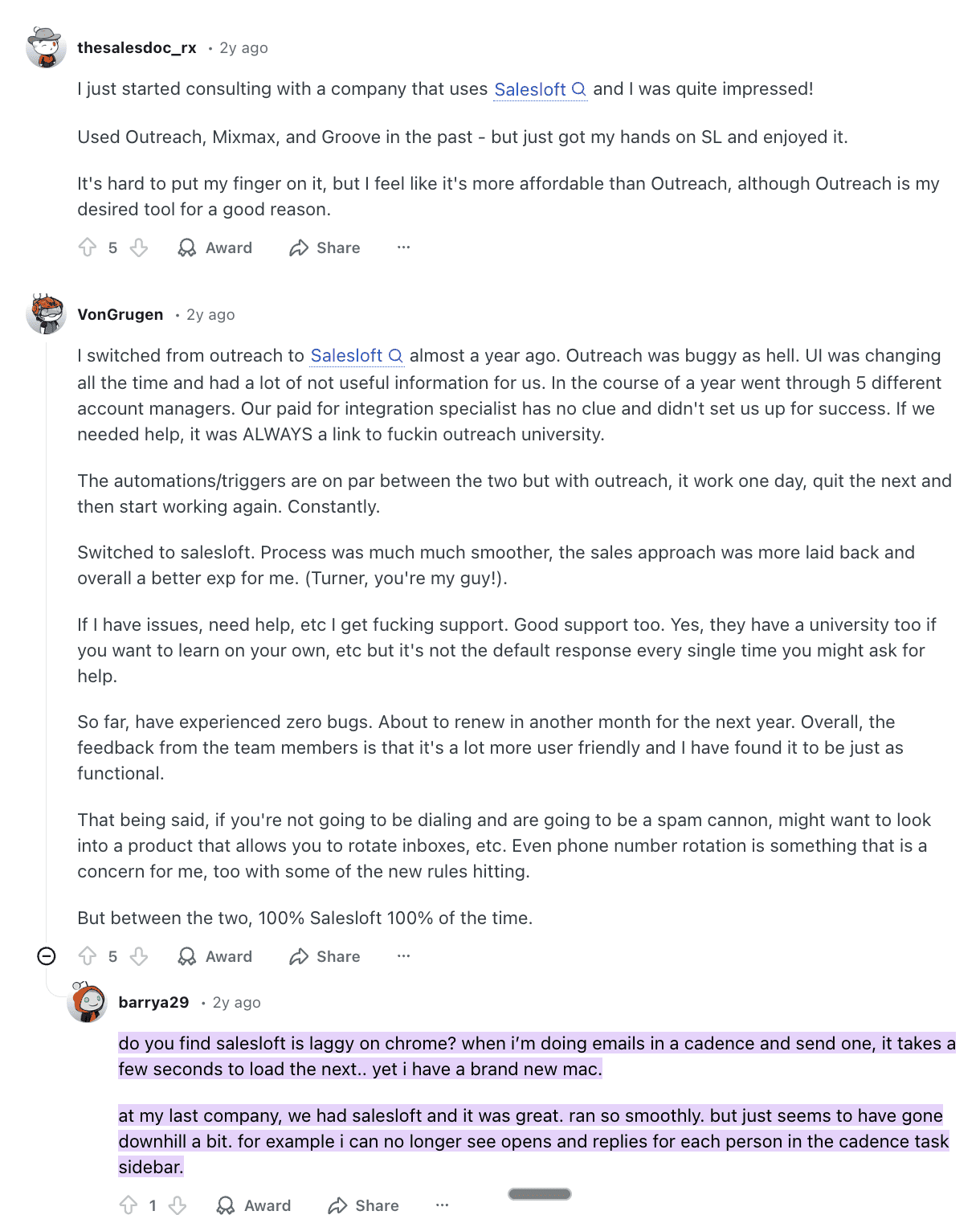 A Reddit thread discusses user experiences with Salesloft, including positive feedback about its smoother process and support compared to Outreach, but also negative comments about it being laggy on Chrome and missing features like replies in the cadence task sidebar.