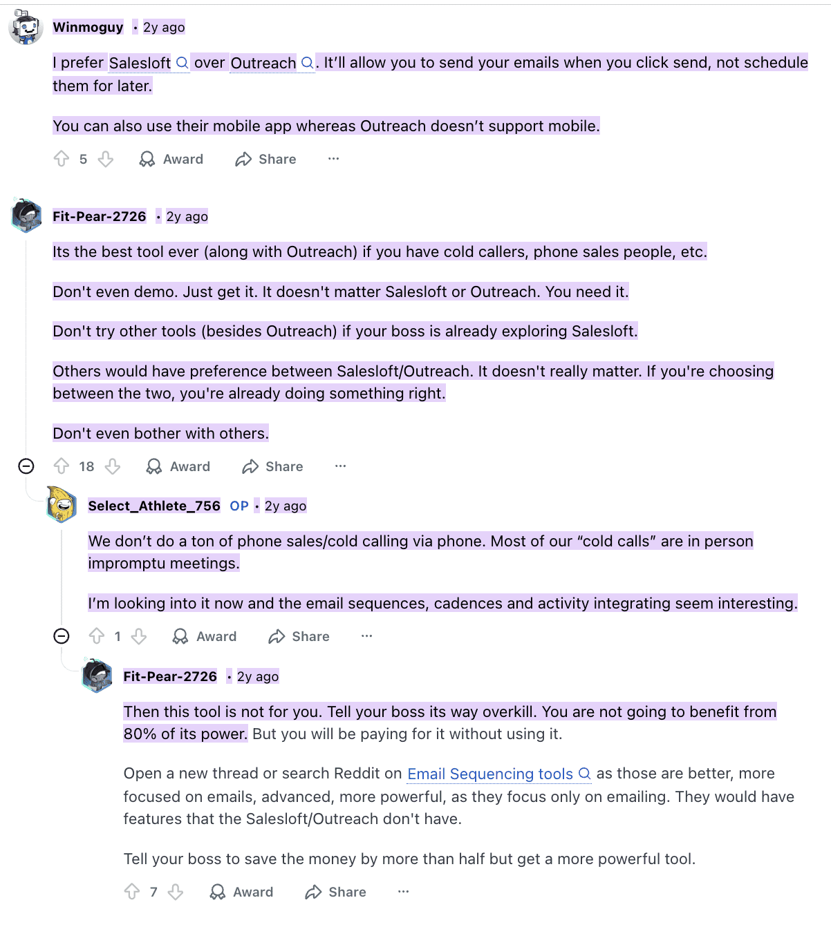 A Reddit thread discusses user experiences with Salesloft, including positive feedback about its smoother process and support compared to Outreach, but also negative comments about it being laggy on Chrome and missing features like replies in the cadence task sidebar.