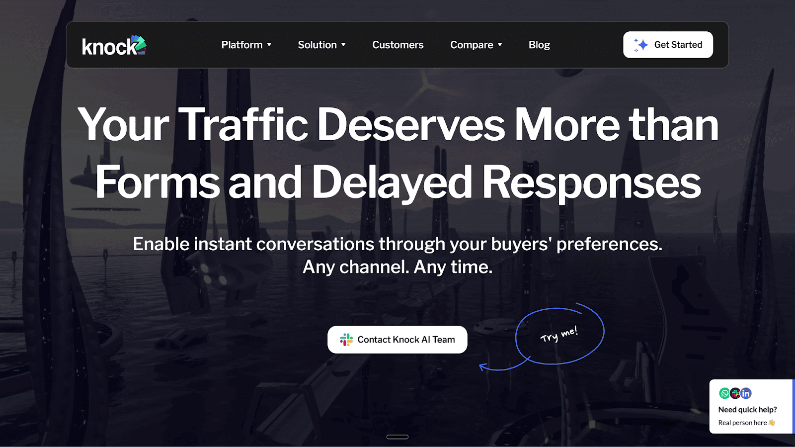 The Knock homepage promises to enable instant conversations by replacing forms and delayed responses with a clear "Contact Knock AI Team" button.