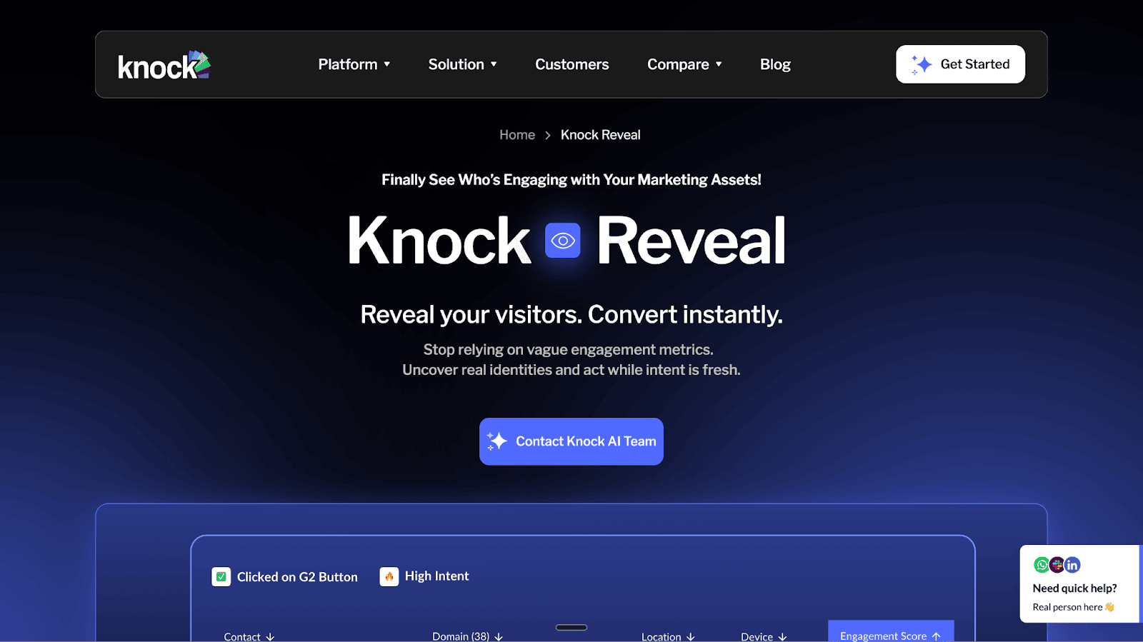 The Knock Reveal page features an eye icon and headline promising to uncover visitor identities to stop relying on vague engagement metrics.