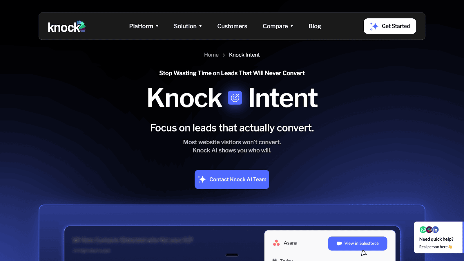 The Knock Intent page displays a target icon and headline encouraging users to focus only on leads that show genuine conversion intent.