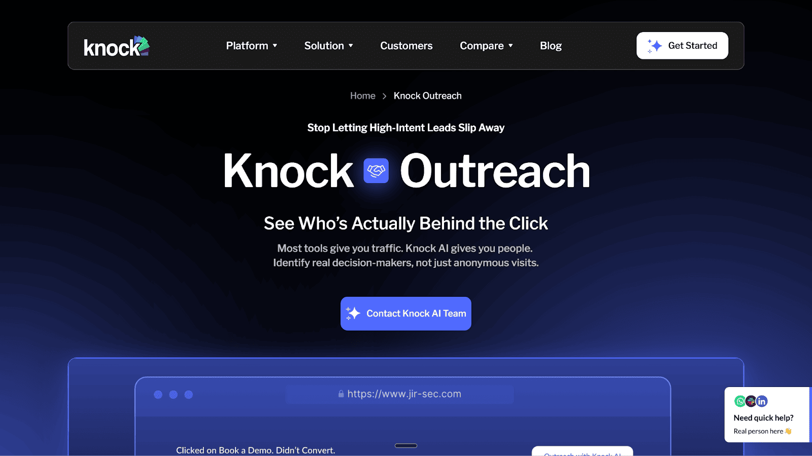 The Knock Outreach page focuses on identifying decision-makers to prevent high-intent leads from slipping away as anonymous website visits.