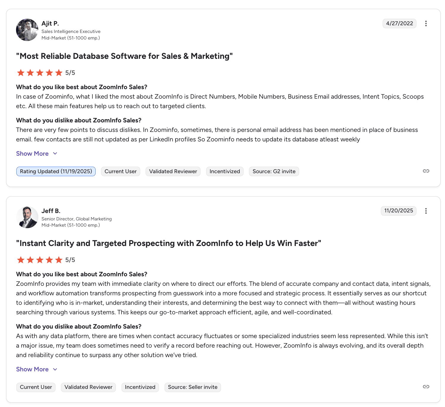 The page displays ZoomInfo reviews with 5/5 ratings, praising the tool as a reliable database for instant clarity and targeted prospecting.