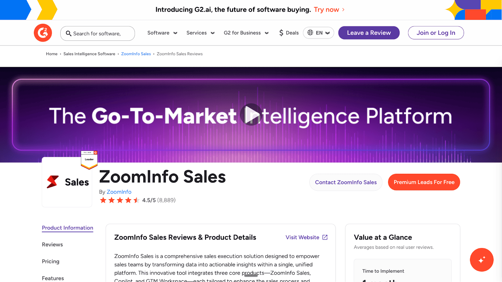 The G2 page for ZoomInfo Sales features the go-to-market intelligence platform headline and a 4.5/5 star rating based on 8,889 user reviews.
