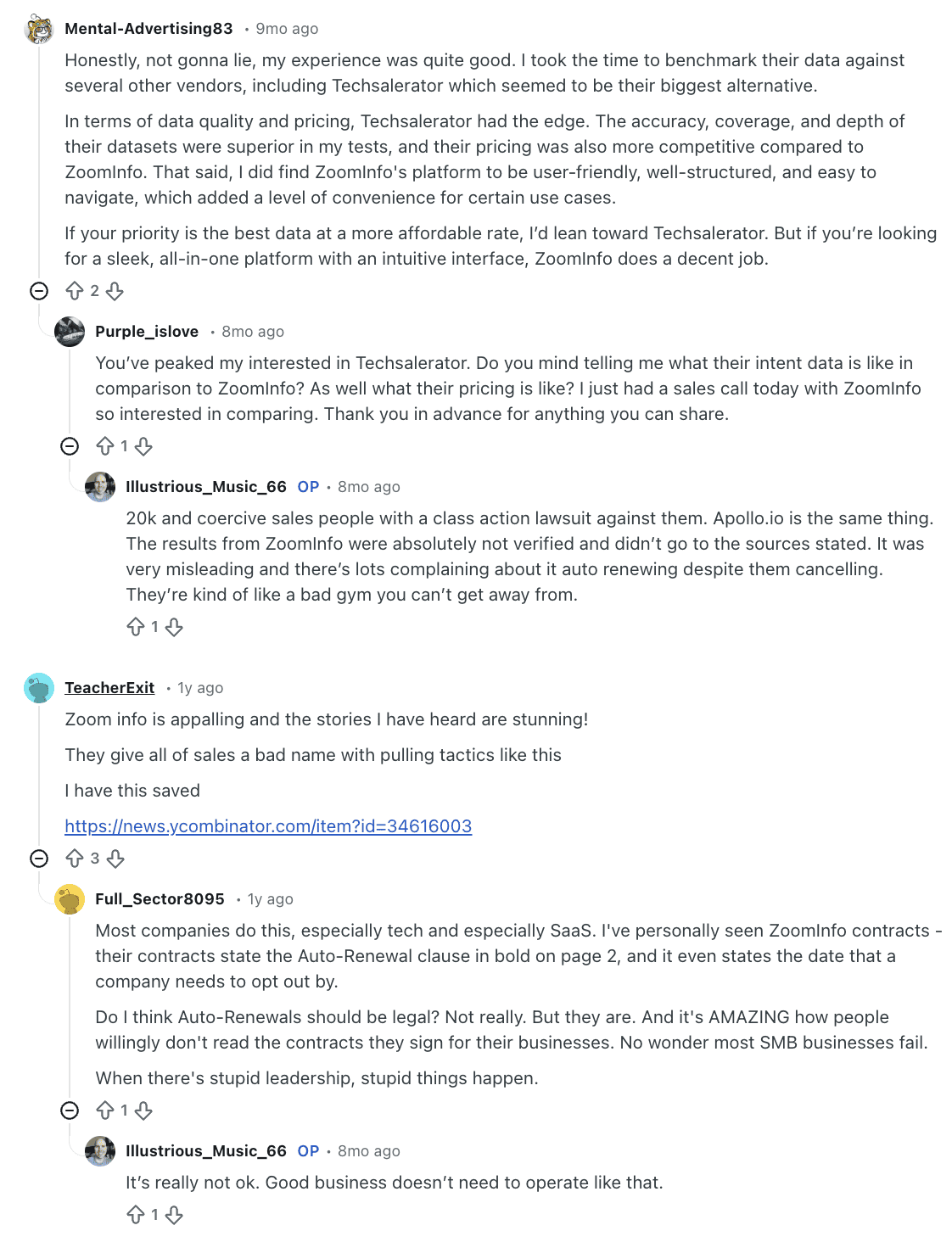 A Reddit comment thread on the r/sales subreddit features users debating the pros and cons of using ZoomInfo to source contact information for sales prospecting.