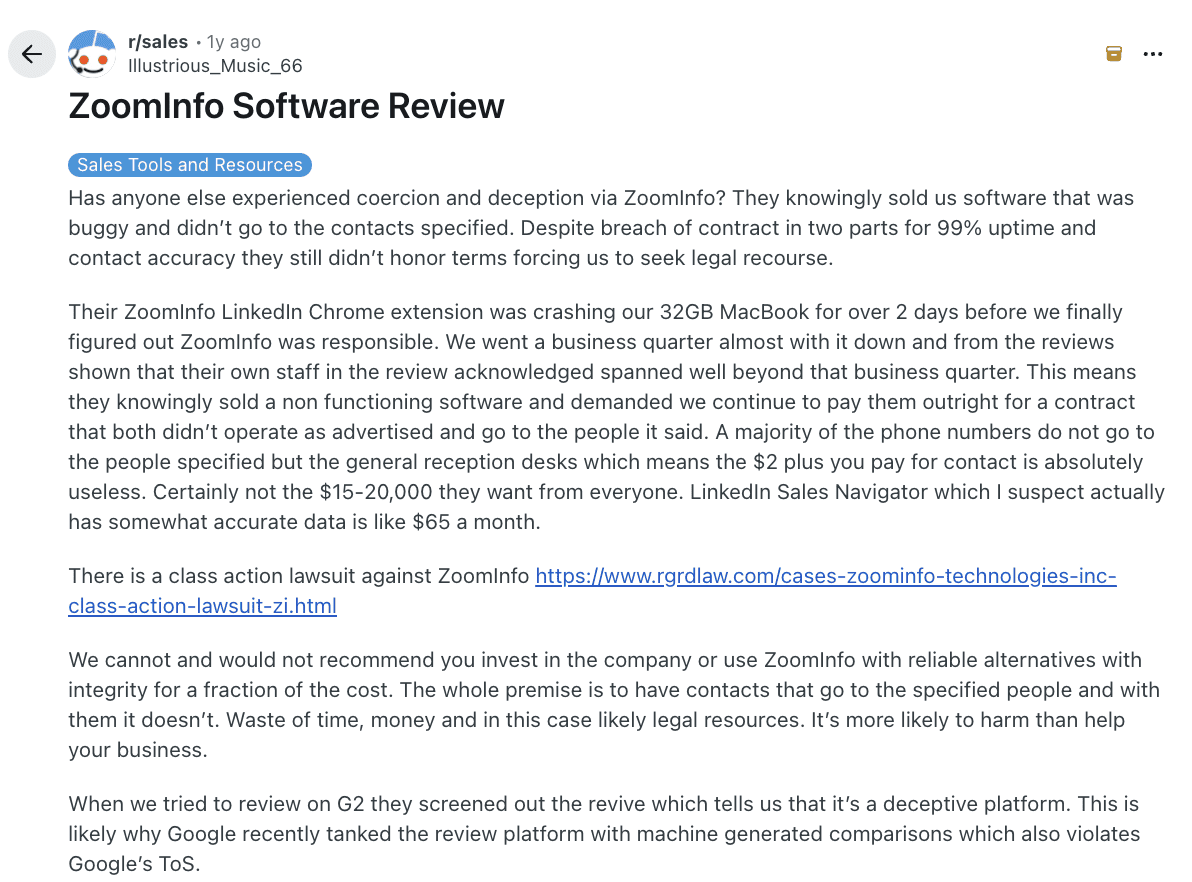 A Reddit comment thread on the r/sales subreddit features users debating the pros and cons of using ZoomInfo to source contact information for sales prospecting.
