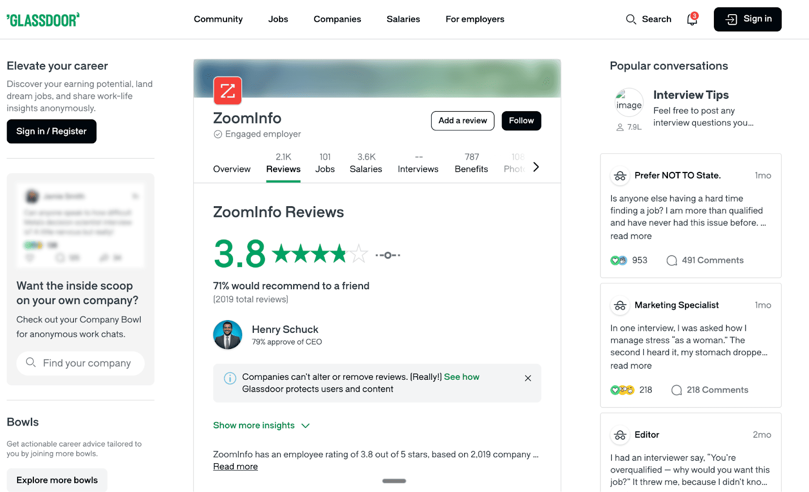 A user navigates the ZoomInfo platform to filter companies by technology, selecting Salesforce CRM to see the 8,000+ results.