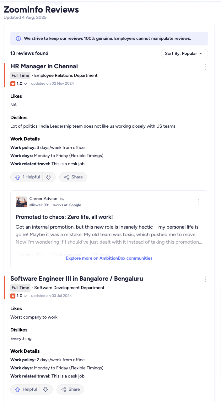 A user navigates the Glassdoor website to the ZoomInfo reviews page, which shows a 3.8-star rating from 2,019 total reviews and a 71% recommend to a friend score for the primary keyword ZoomInfo Reviews.