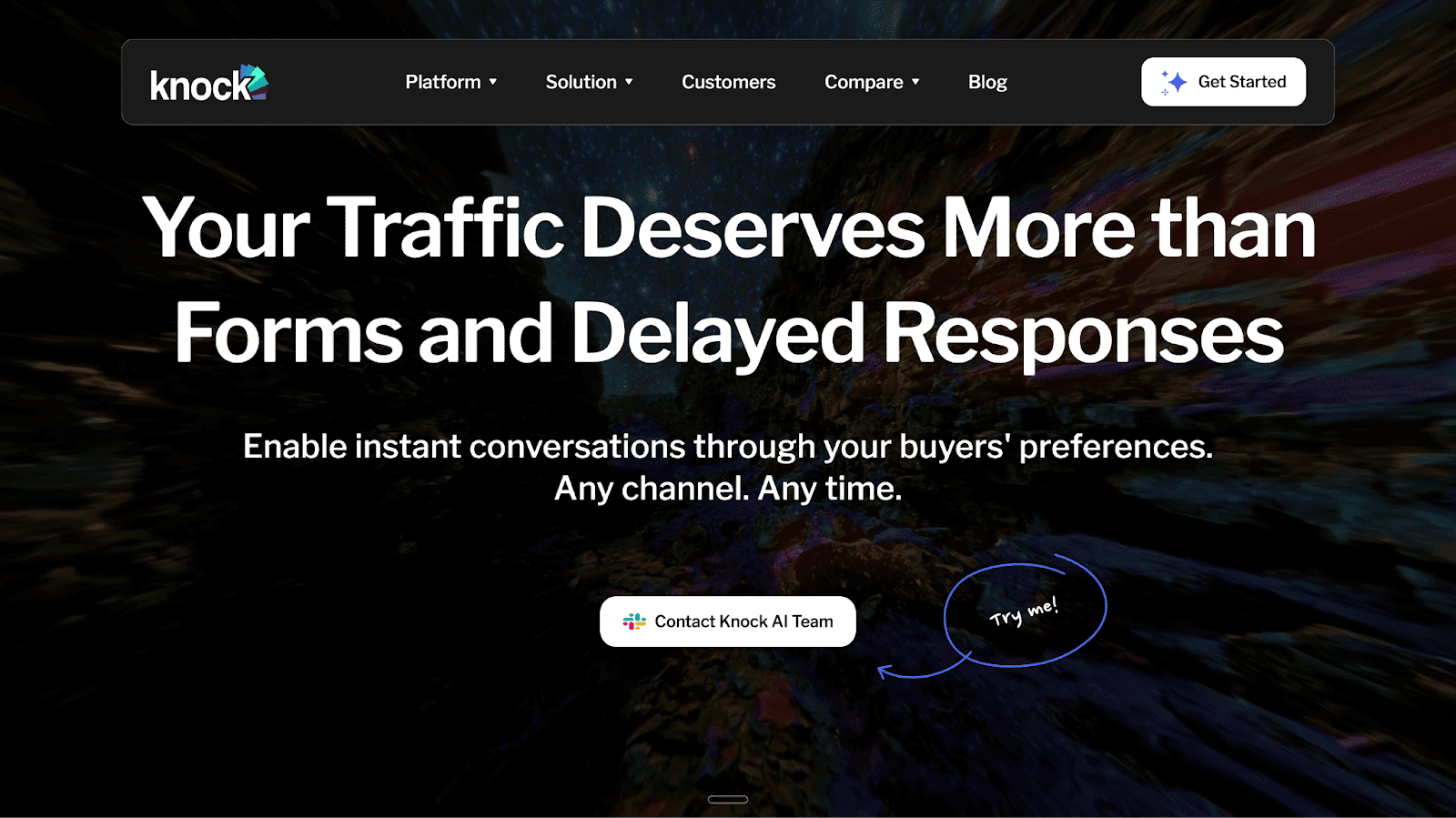 The Knock homepage features the headline "Your Traffic Deserves More than Forms and Delayed Responses" promising instant conversations across any channel.