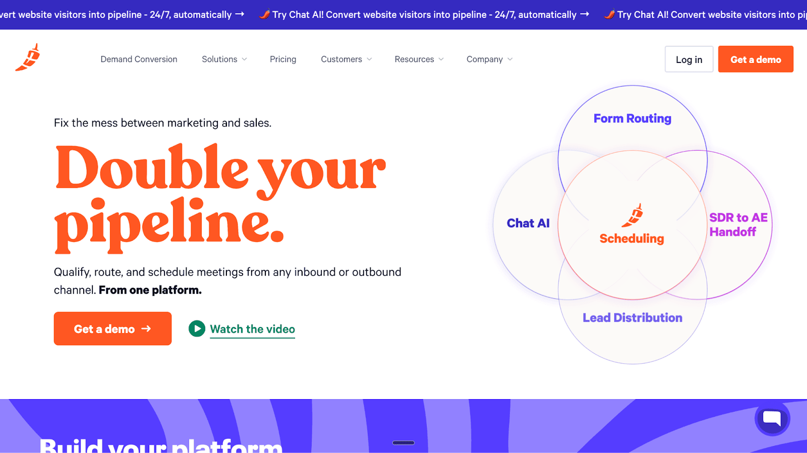 The Chili Piper homepage displays the headline "Double your pipeline" next to a diagram showing feature integrations like Scheduling and Form Routing.