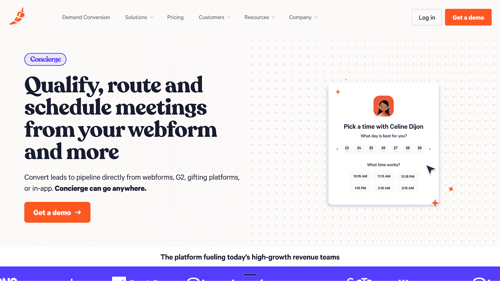 The Chili Piper Concierge feature lets users qualify and route leads for instant scheduling via an embedded calendar widget on the right.
