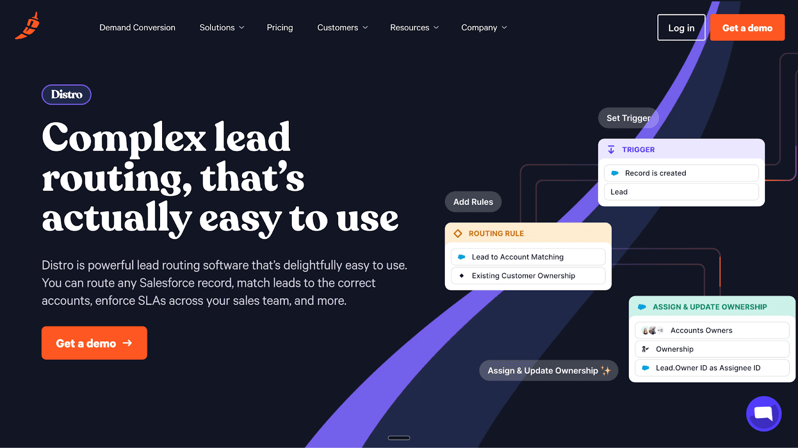 The Chili Piper Distro page showcases a process flow diagram detailing rules for complex lead routing and assigning ownership.