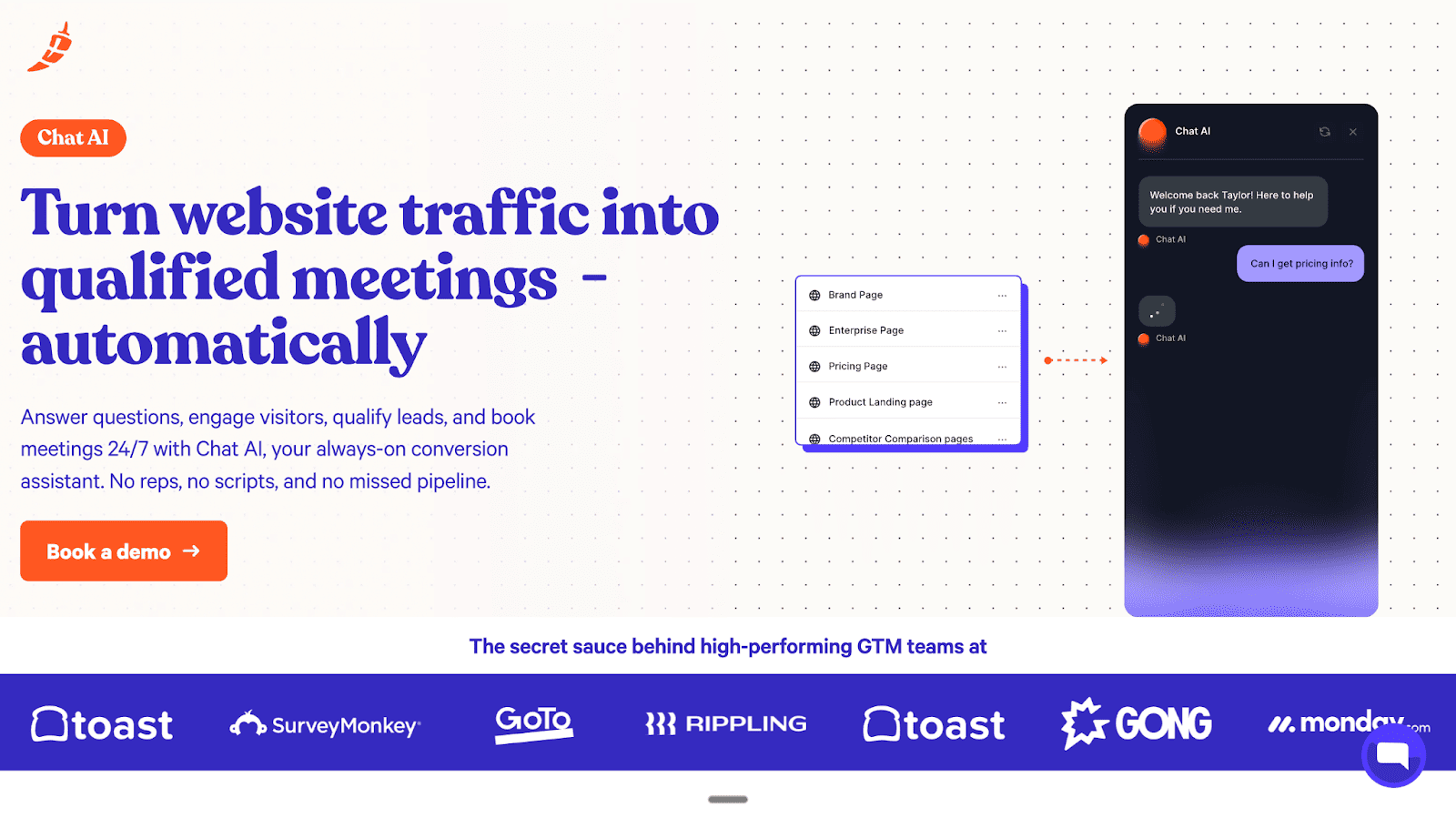 The Chili Piper Chat AI page displays a chatbot interface next to the headline, emphasizing automatic qualification and 24/7 booking of qualified meetings.