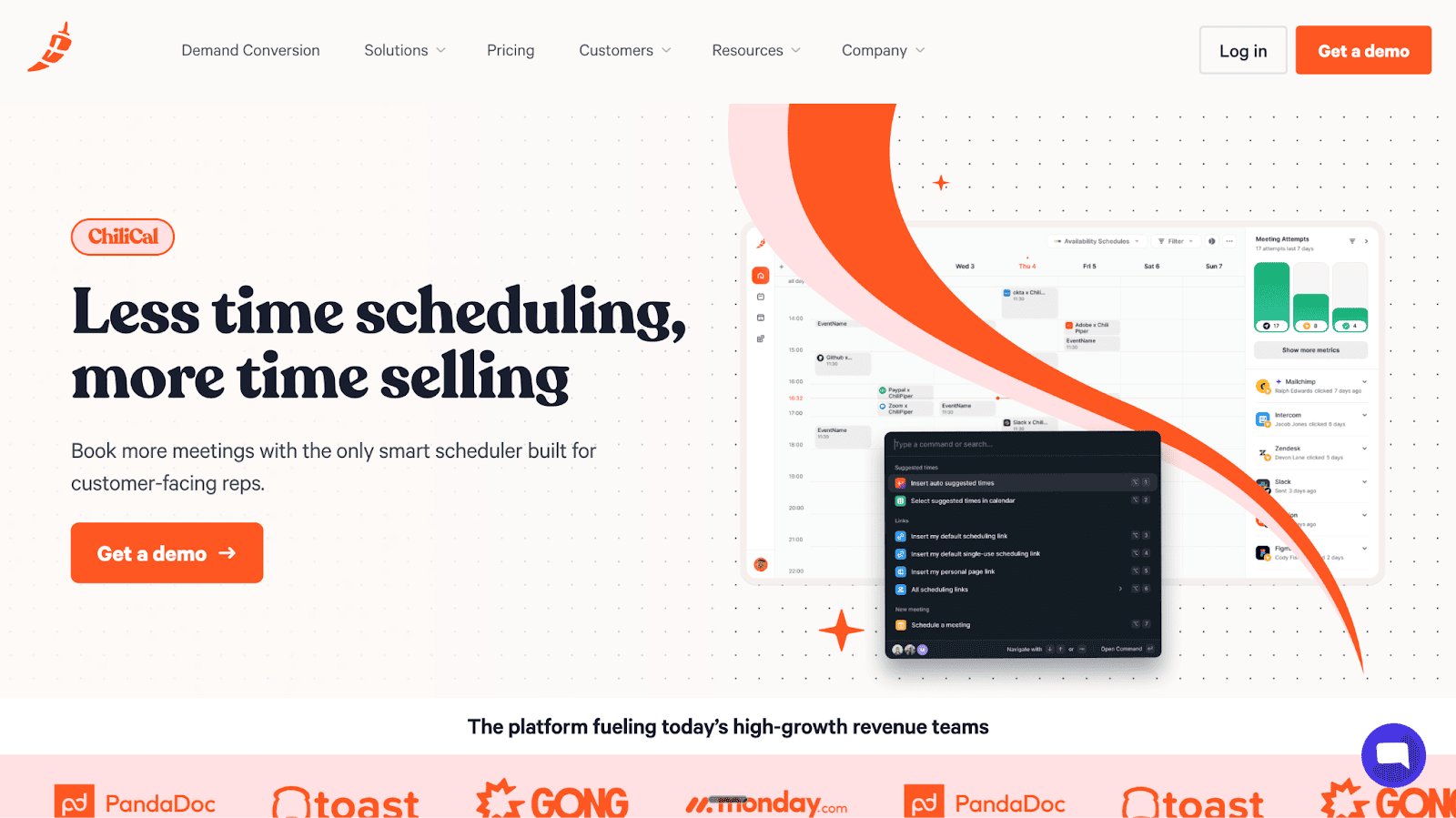 The Chili Piper ChiliCal page displays a smart calendar interface and command bar that promotes efficiency for selling by streamlining meeting scheduling.