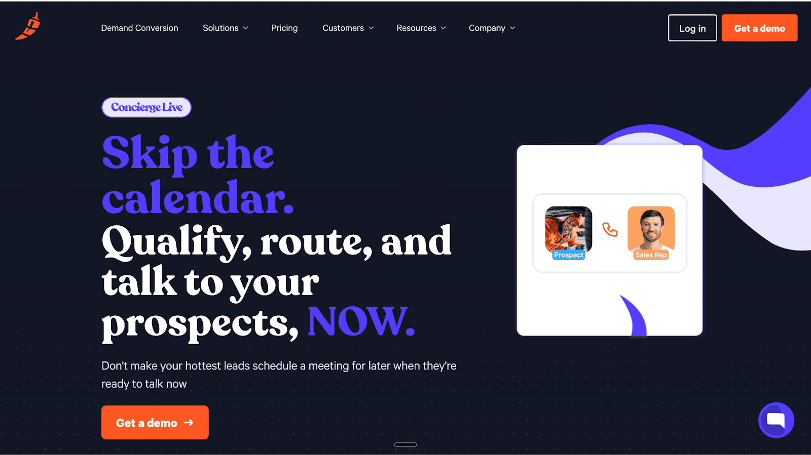 The Chili Piper Concierge Live page encourages users to skip the calendar and instantly connect hot prospects with a sales rep via a dedicated chat interface.