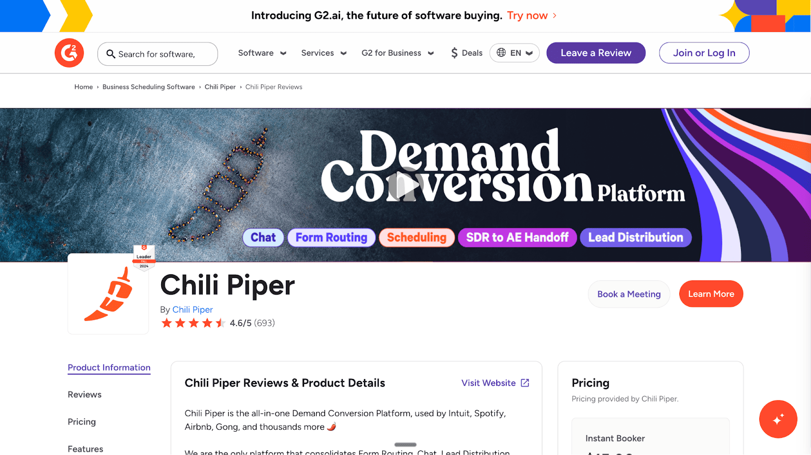 The Chili Piper G2 profile shows a 4.6/5 rating and highlights key features of the Demand Conversion Platform, including Scheduling and Form Routing.
