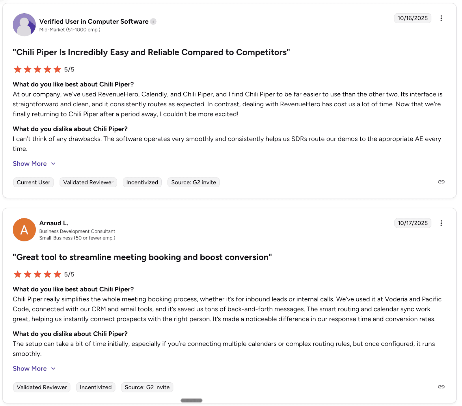 Two G2 user reviews, both rating Chili Piper five out of five stars, highlight the software's incredible usability and reliability compared to competing tools.