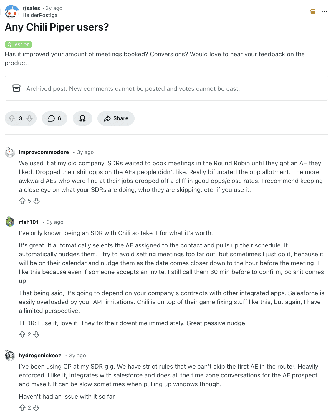 A Reddit thread asks for user feedback on Chili Piper, with comments discussing SDR routing, automatic AE assignment, and Salesforce integration challenges.