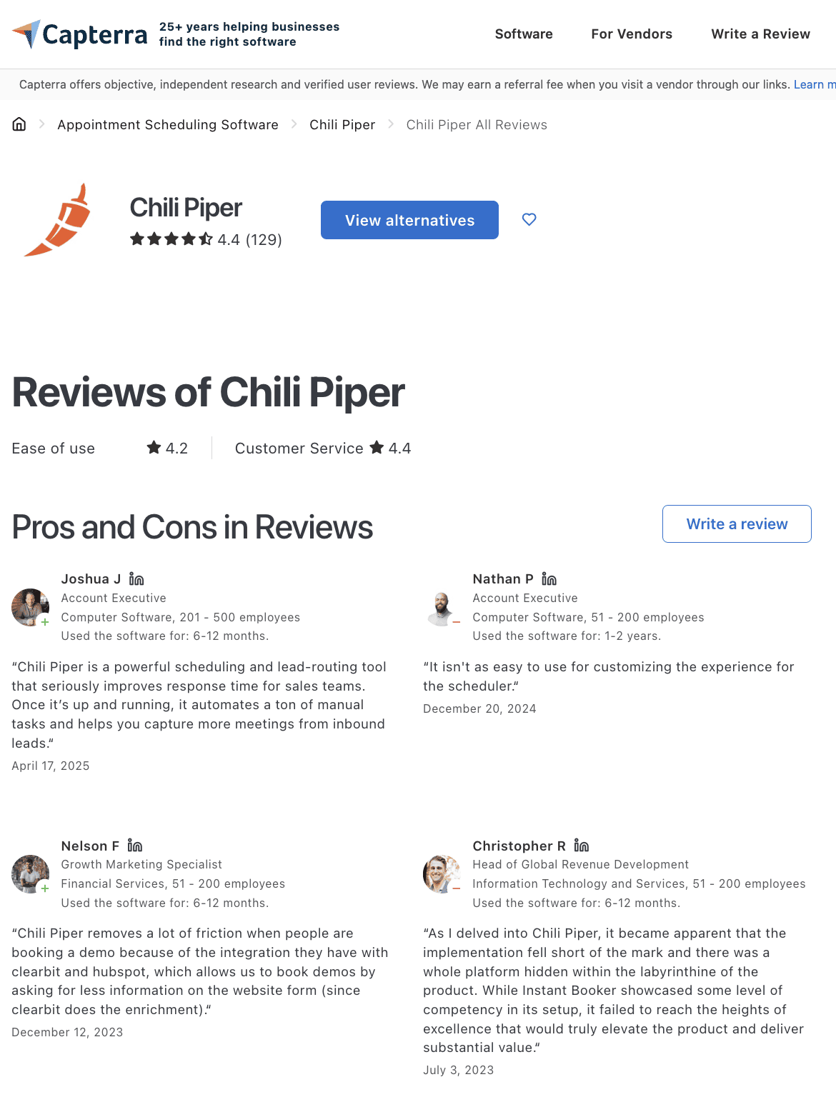 The Chili Piper Capterra page shows a 4.4/5 overall rating and detailed user reviews describing the product's pros and cons.