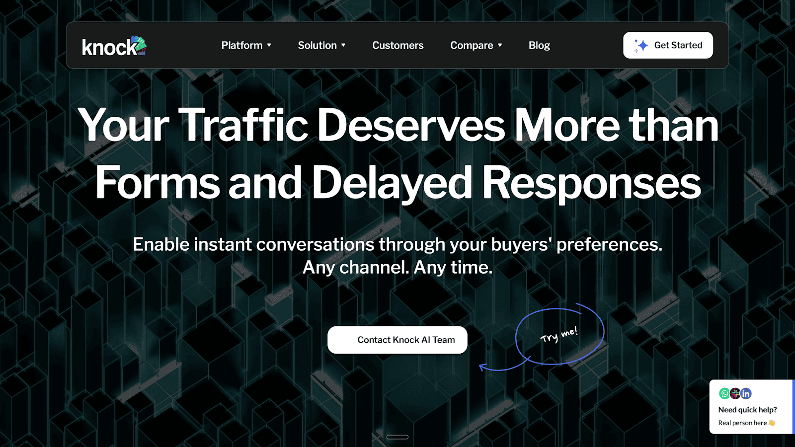 The Knock homepage invites visitors to enable instant conversations with buyers through their preferences, replacing slow forms and delayed responses.