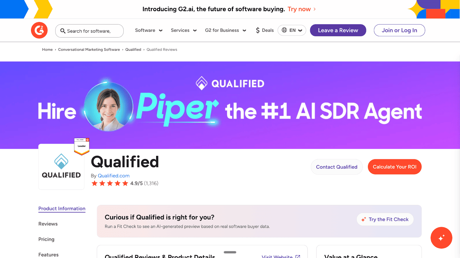 The G2 profile page for Qualified features the company logo and announces Piper, the number one AI SDR Agent, promising high ROI.