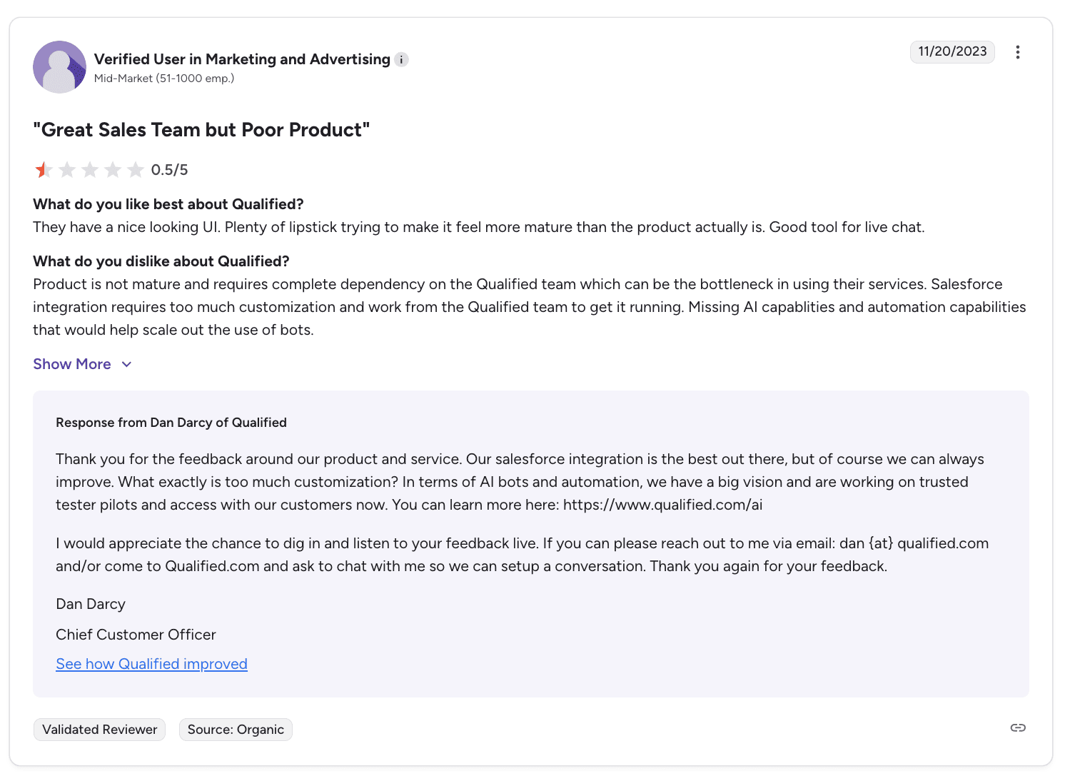 A G2 review highlights a Verified User's experience with the Qualified sales team but expresses disappointment in the product's immature UI and dependency on the support team.