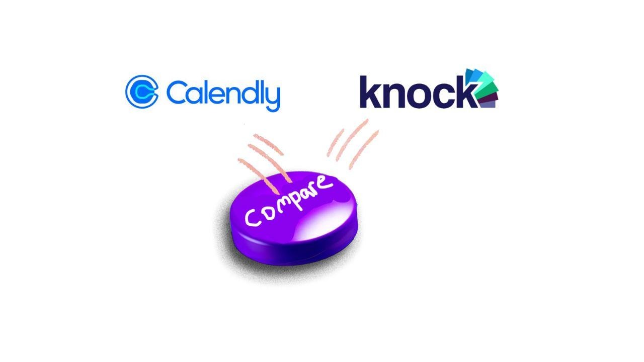 The logos for Calendly and Knock are shown above a glowing purple button labeled "Compare," visually suggesting a comparison between the two scheduling software products.