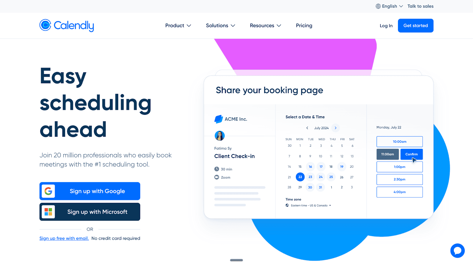 A Calendly landing page shows a user interface for sharing a booking page where a client confirms a meeting time, illustrating the easy scheduling software.