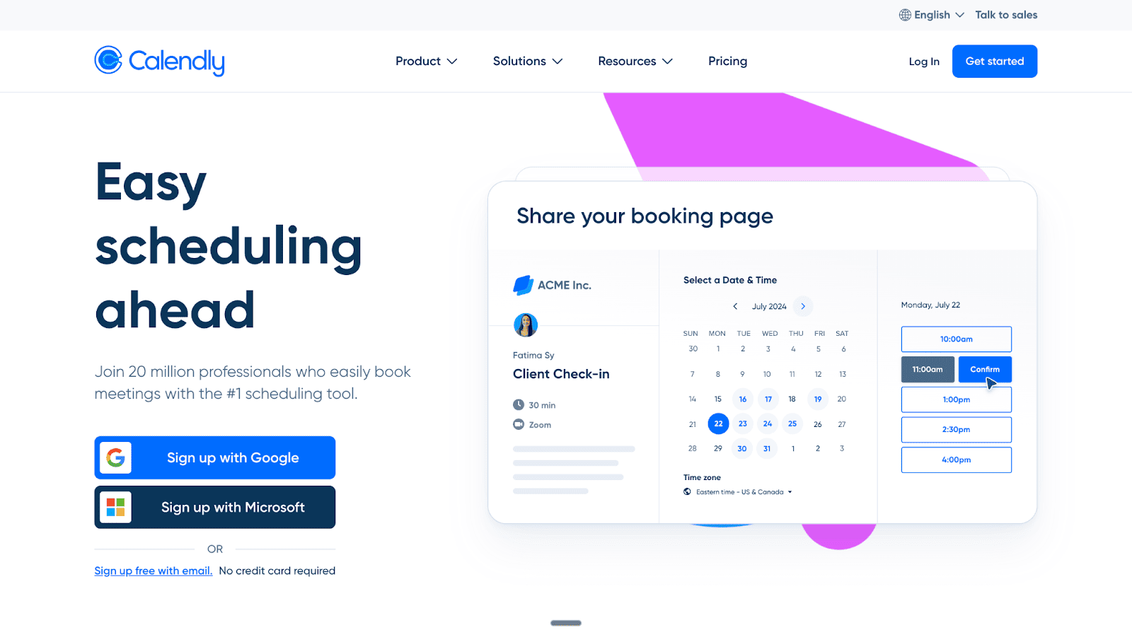 A Calendly landing page shows a user interface for sharing a booking page where a client confirms a meeting time, illustrating the easy scheduling software.