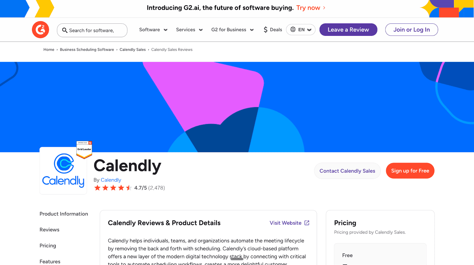 Calendly's G2 profile displays a 4.7/5 star rating and product details for the scheduling software, showing its name and a "Contact Calendly Sales" button.