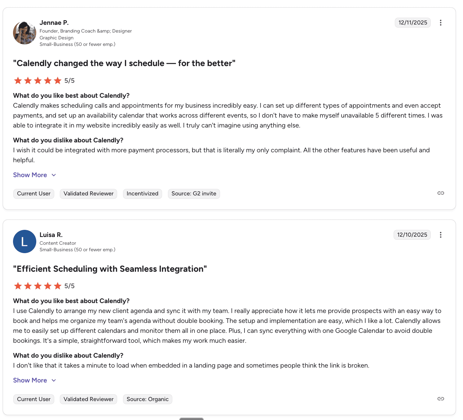 Two positive G2 user reviews for Calendly, both with 5/5 ratings, highlight seamless integration and how the scheduling software improved their process.