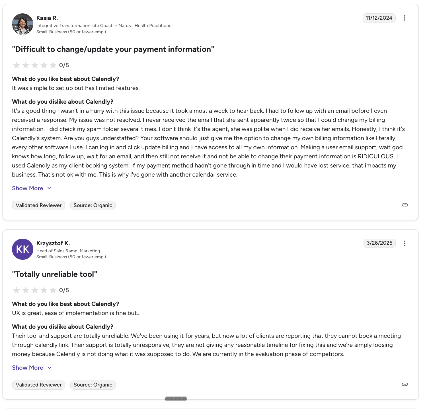 A user review on G2 for Calendly, titled "Difficult to change/update your payment information," gives the scheduling software a 0/5 rating and details poor customer support.