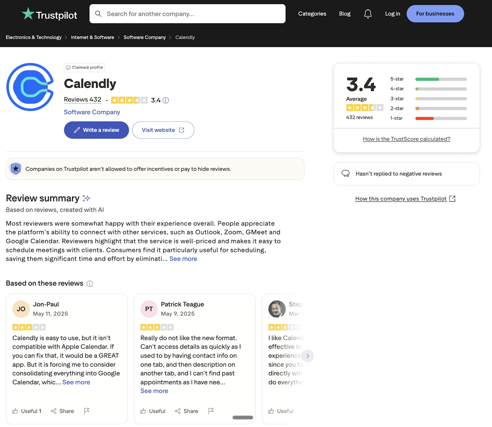 The Trustpilot page for Calendly displays a 3.4-star average rating and a review summary noting the platform's ability to connect with other services as a key benefit of the scheduling software.