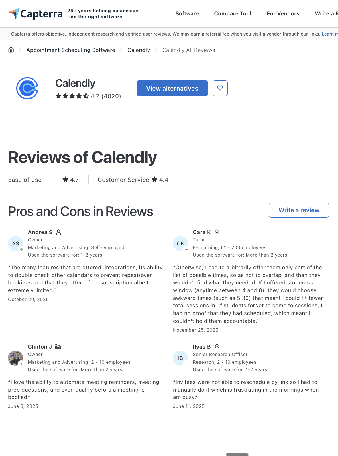 The Capterra reviews page for Calendly shows a 4.7-star rating and pros and cons from users about its features and customer service as a key scheduling software.