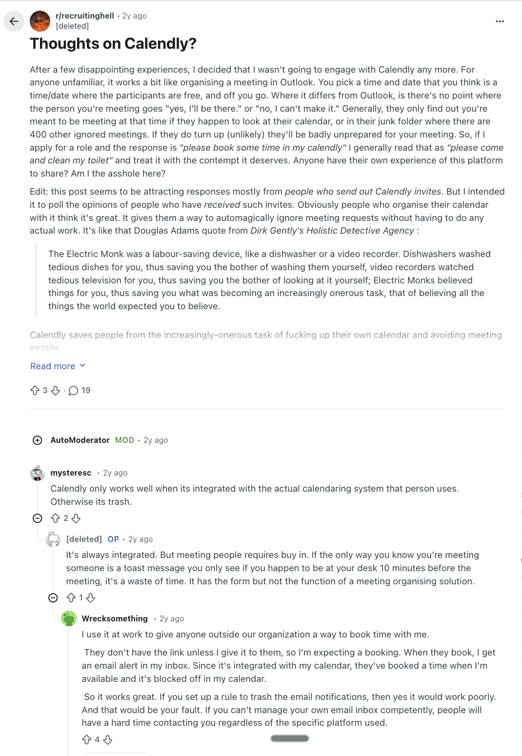 A Reddit discussion titled "Thoughts on Calendly?" includes user comments debating the reliability and integration of the scheduling software with existing calendar systems.