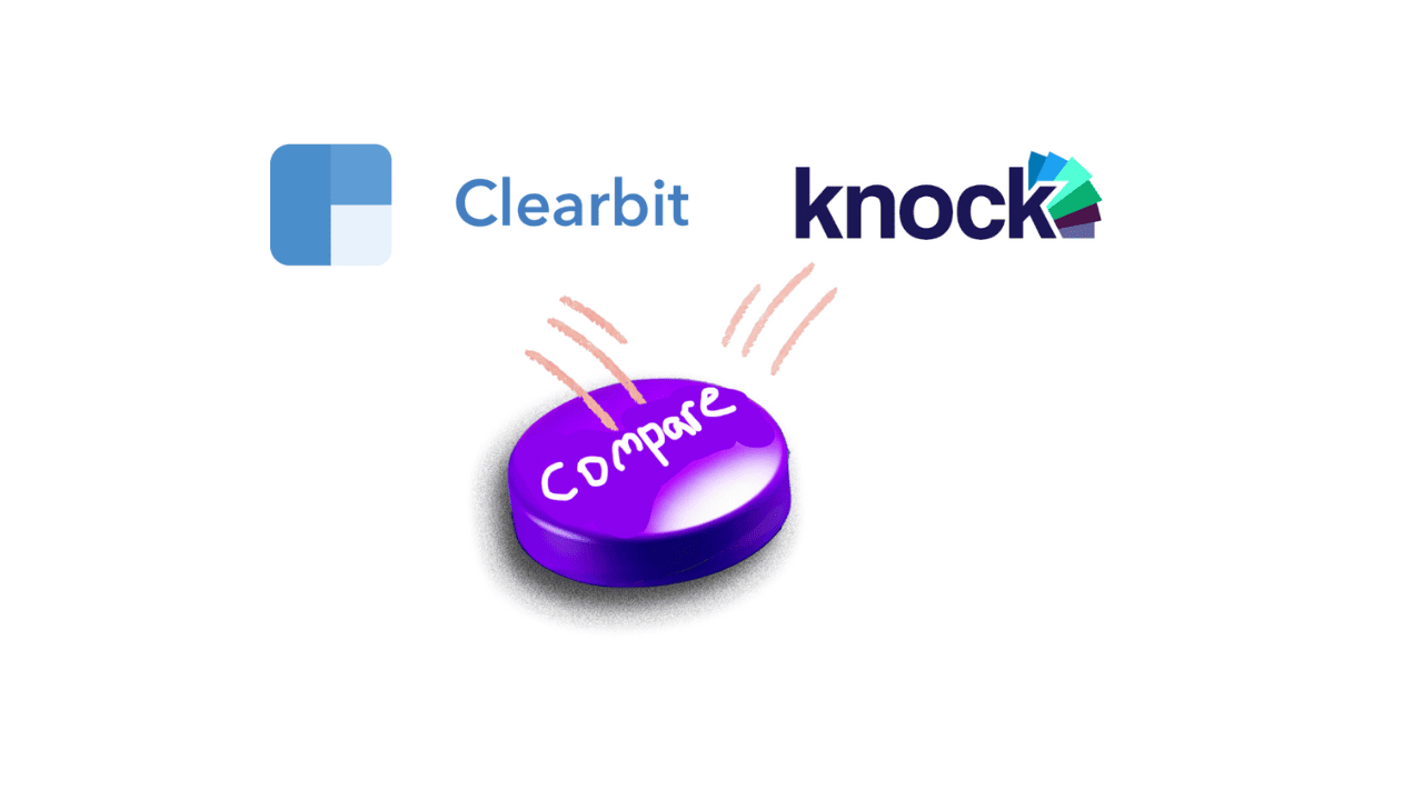 A graphic depicts the Clearbit and Knock AI logos above a purple button labeled "Compare" to represent a comparison of the two products.