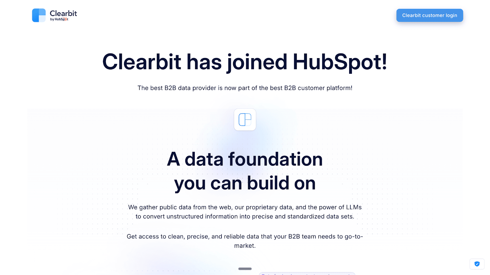 The HubSpot Clearbit landing page announces its joining of HubSpot and describes its use of data and LLMs to create a strong data foundation.