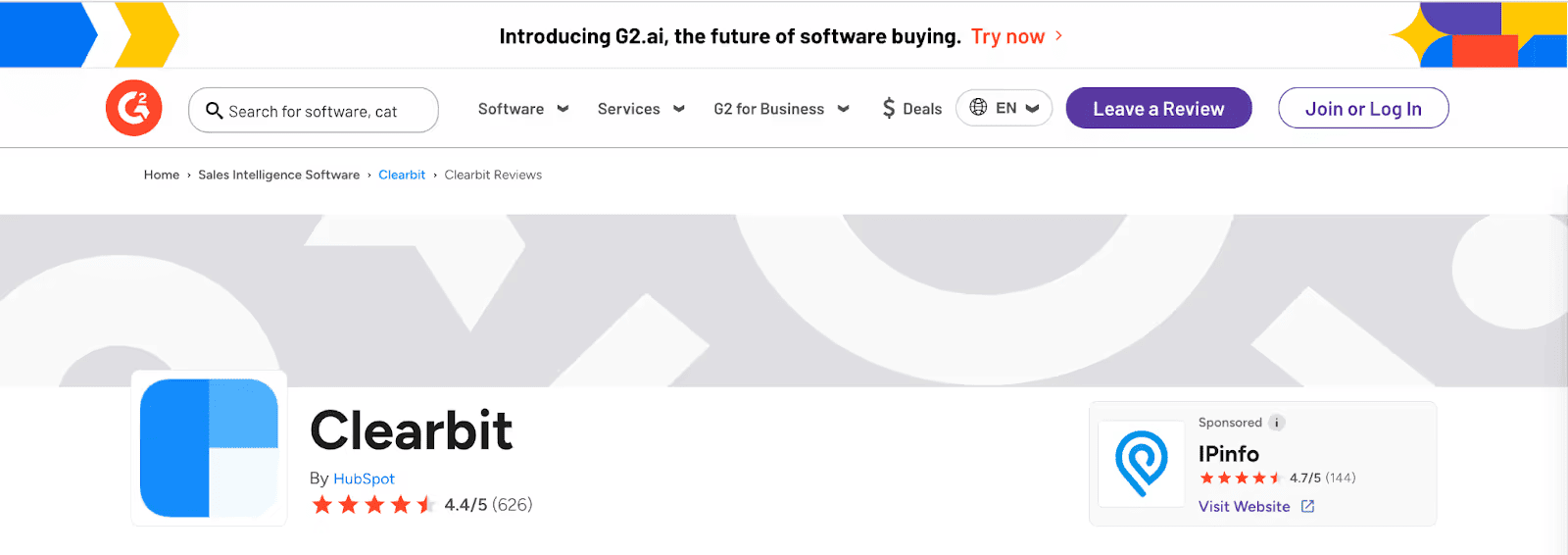 The G2 product page for Clearbit by HubSpot shows a rating of 4.4/5 based on 626 reviews for the sales intelligence software.
