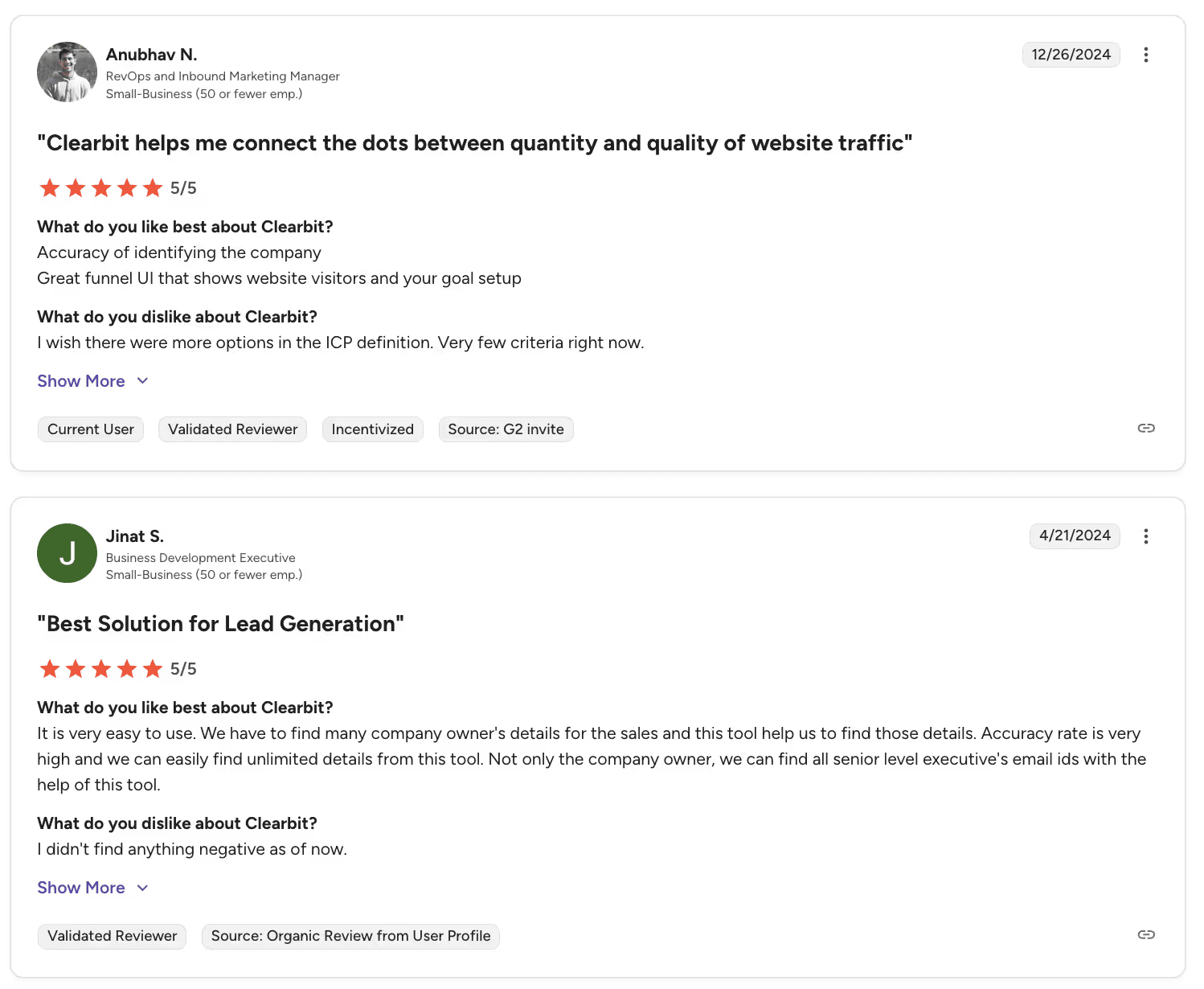 Two G2 review snippets from small business users praise Clearbit's lead generation capabilities and its accuracy in identifying companies and finding executive details.