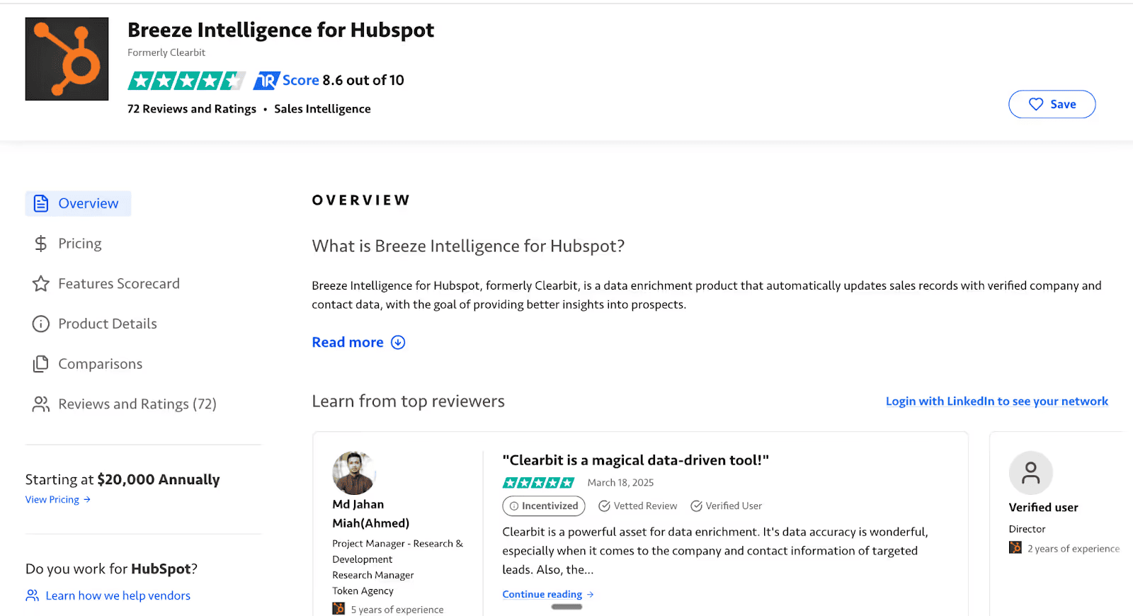 The Breeze Intelligence for HubSpot product page, formerly Clearbit, details its data enrichment capabilities and displays a high rating and a user review praising the sales intelligence tool.