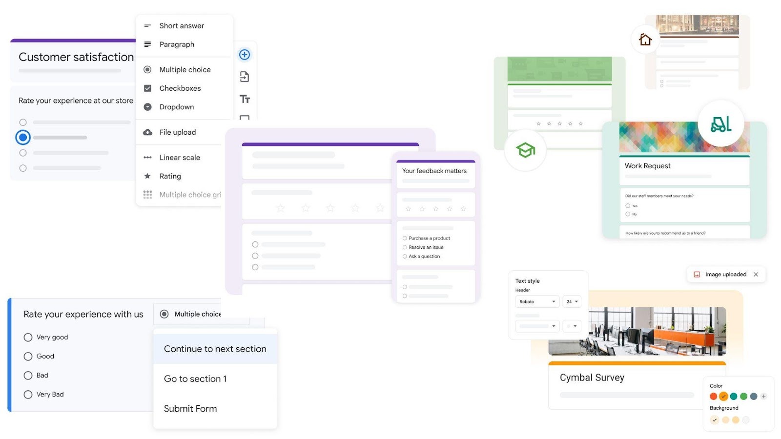 The Google Forms interface displays survey customization options like multiple choice questions, text styles, and color palettes to help businesses build lead generation tools.