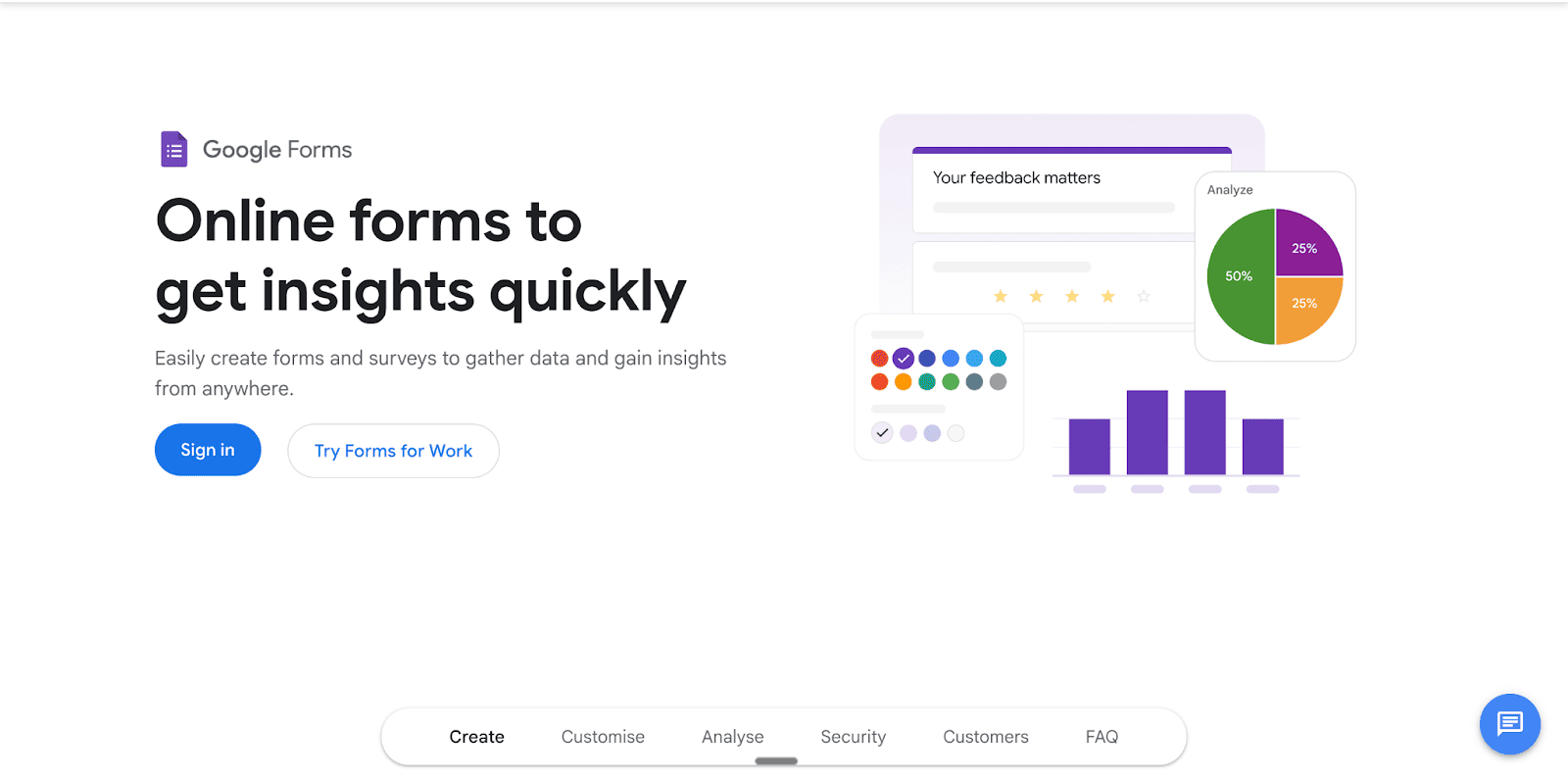 The Google Forms landing page displays UI elements like color palettes and pie charts to help users create online forms for gathering data and gaining insights.