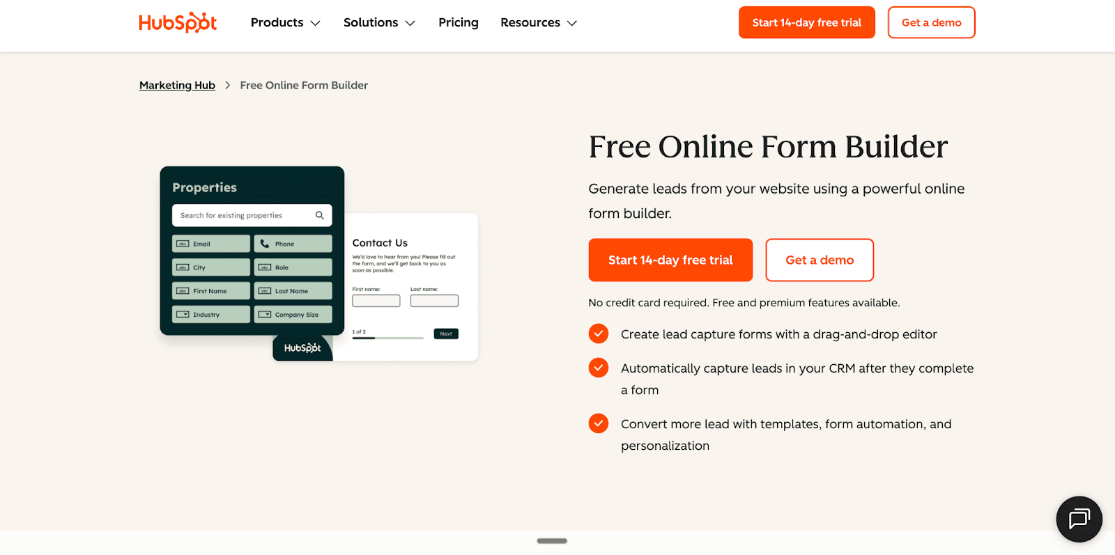 The HubSpot landing page showcases a drag-and-drop editor with lead capture fields to help businesses generate prospects using a free online form builder.