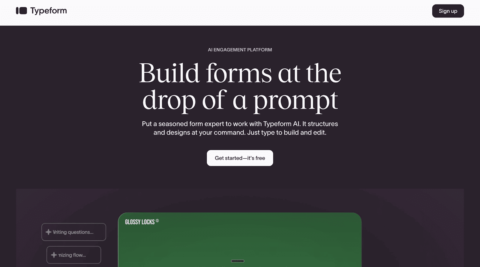The Typeform landing page showcases an AI engagement platform that uses text prompts to help teams build forms with automated structures and professional designs.