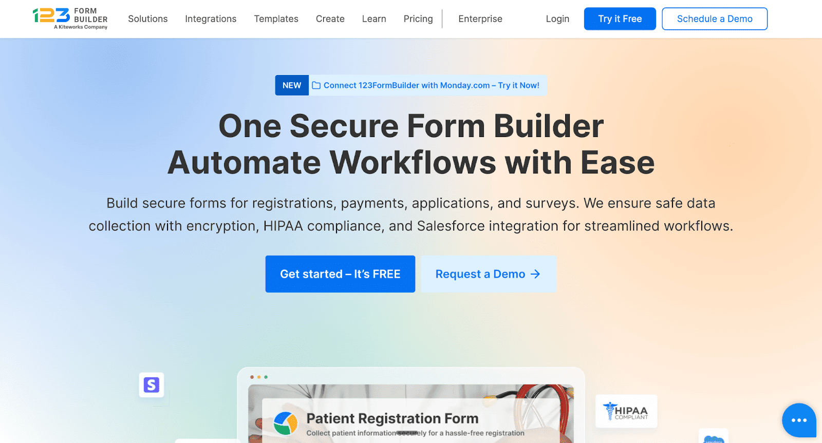 The 123FormBuilder landing page highlights automated workflows and HIPAA compliance to help healthcare professionals and businesses create a secure online form for data collection.