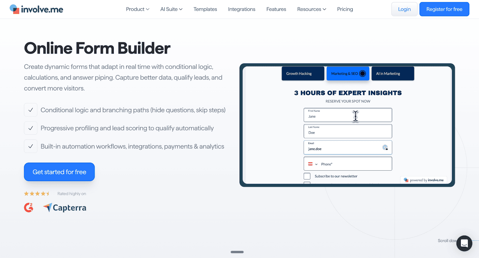 The involve.me landing page showcases conditional logic and branching paths to help marketing teams build a dynamic online form for lead qualification and customer conversion.