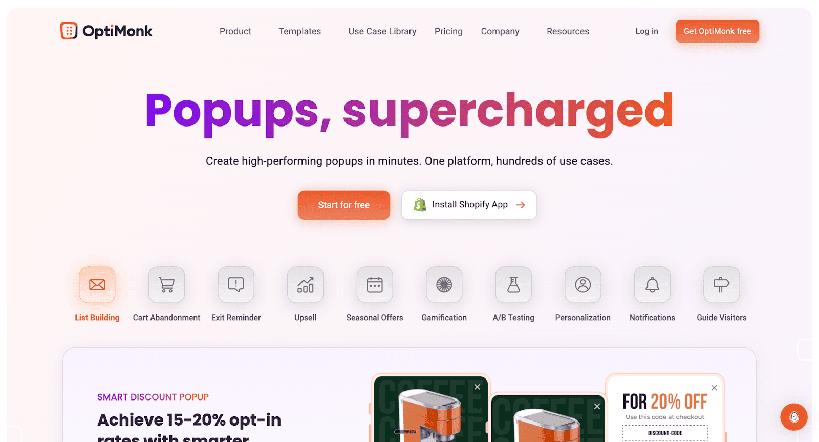 The OptiMonk landing page features various icons for list building and cart abandonment to help marketers create a high-performing online form for website popups.