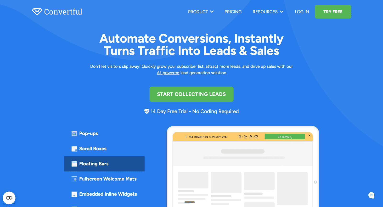 The Convertful landing page highlights an AI-powered lead generation solution with floating bars and pop-up options to help users capture more prospects with a professional online form.